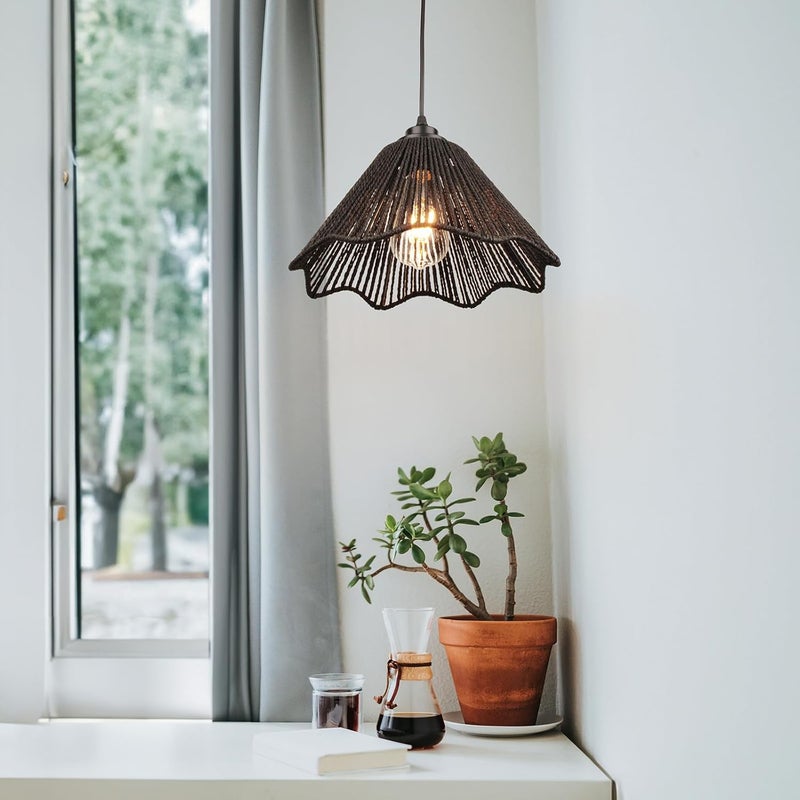 tebio Rattan Plug in Pendant Light Set of 2 (Bulbs Included), 12"x6" Boho Hanging Lights with 13FT Black Hemp Plug-in Cord, On/Off Switch for Living Room, Bedroom, Kitchen - Image 4